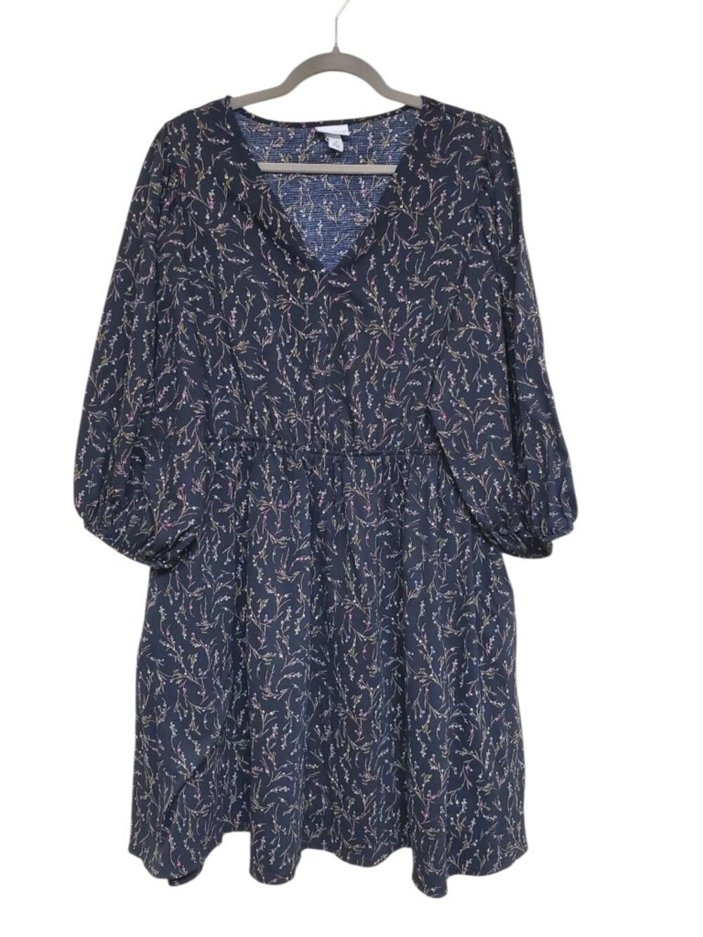 Ava & Viv Woman's Black Pastel Vine Print Midi Pocket Peasant Dress Plus 1X